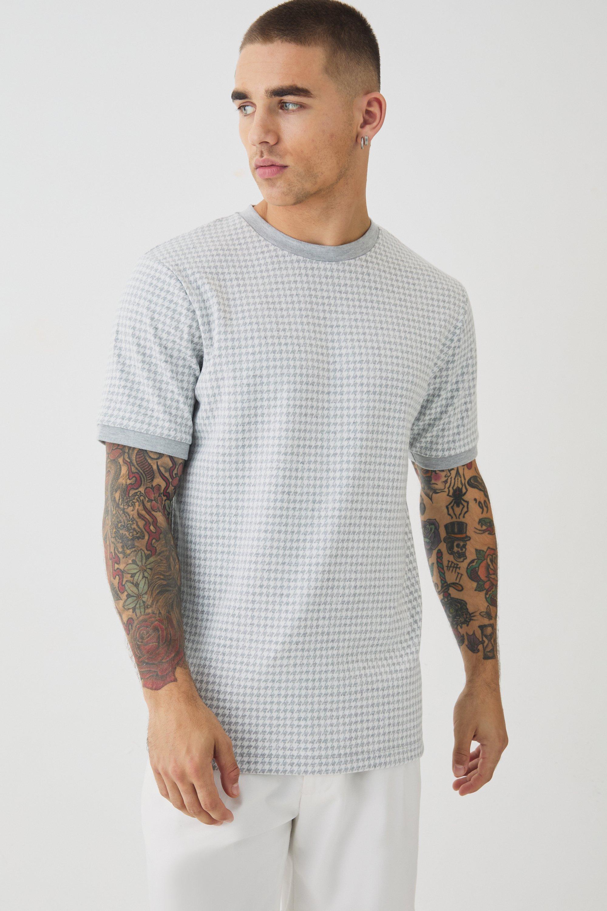 Mens Grey Smart Slim Dogtooth Jacquard Ringer T-shirt, Grey